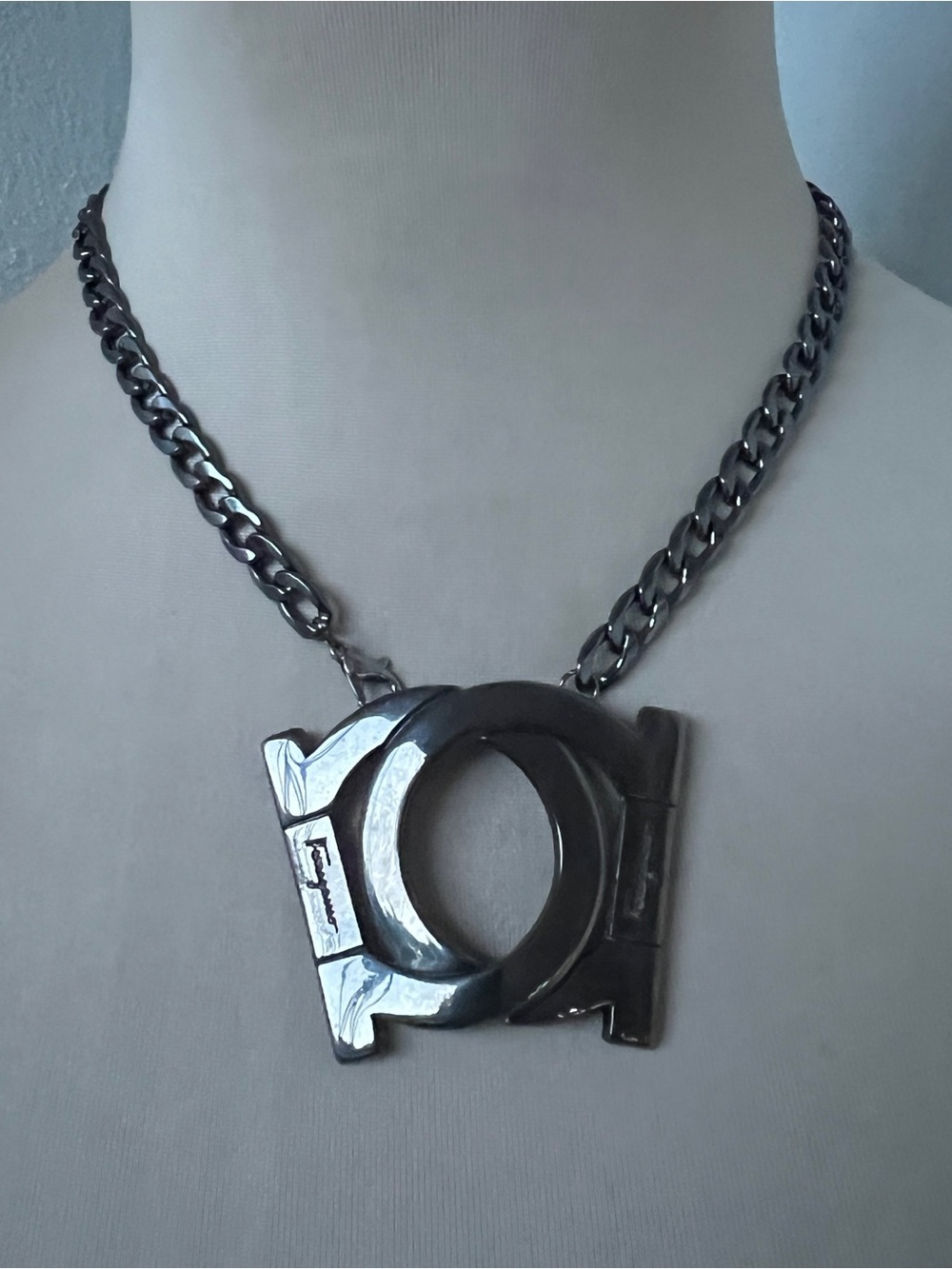 Custom Ferragamo Gunmetal Double Gancini Statement Necklace 17” - Picture 10 of 10